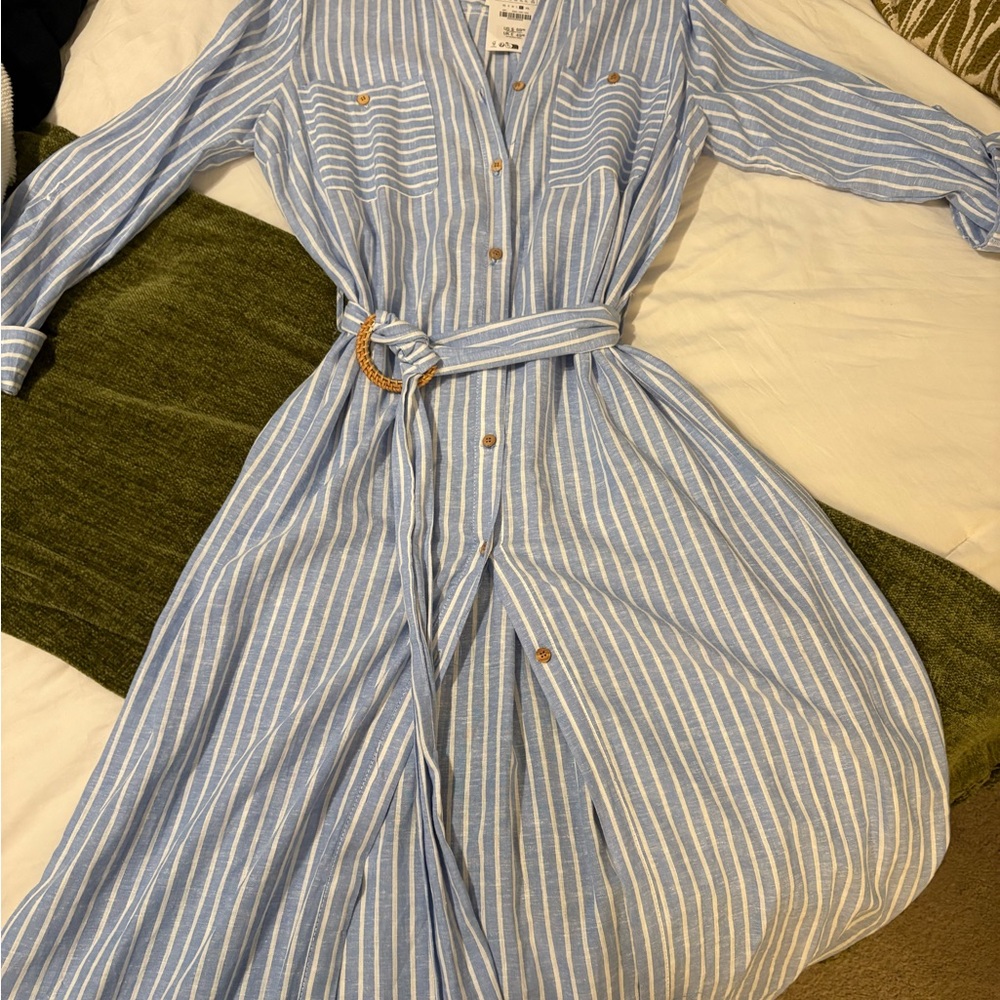 Zara Blue and White Striped Long Sleeve Linen Midi ShirtDress